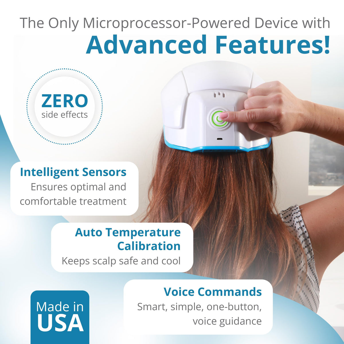 Person wearing Theradome hair growth helmet for hands-free treatment