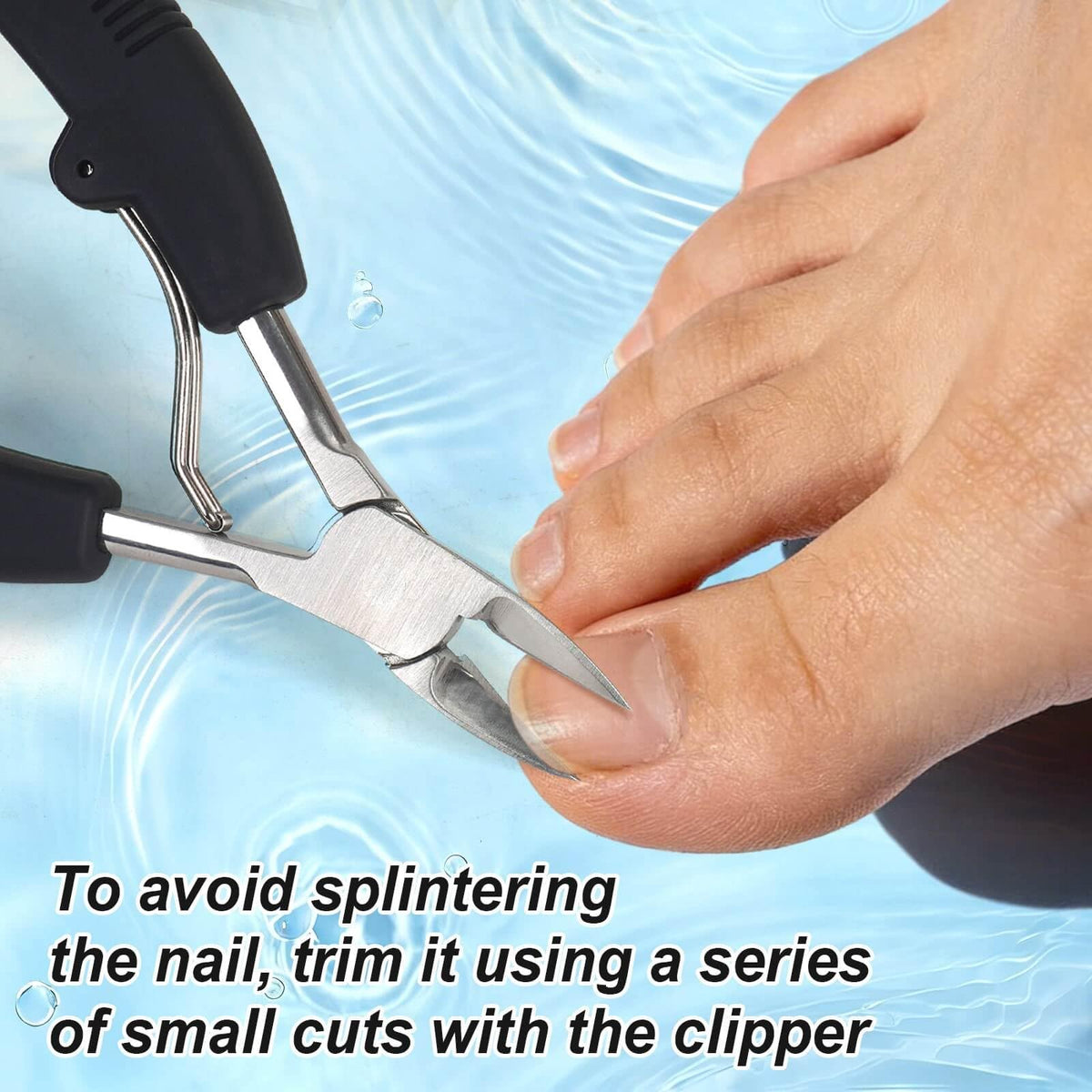 TEAORB thick nail cutter showing the tension arm spring mechanism fully engaged for precise control.