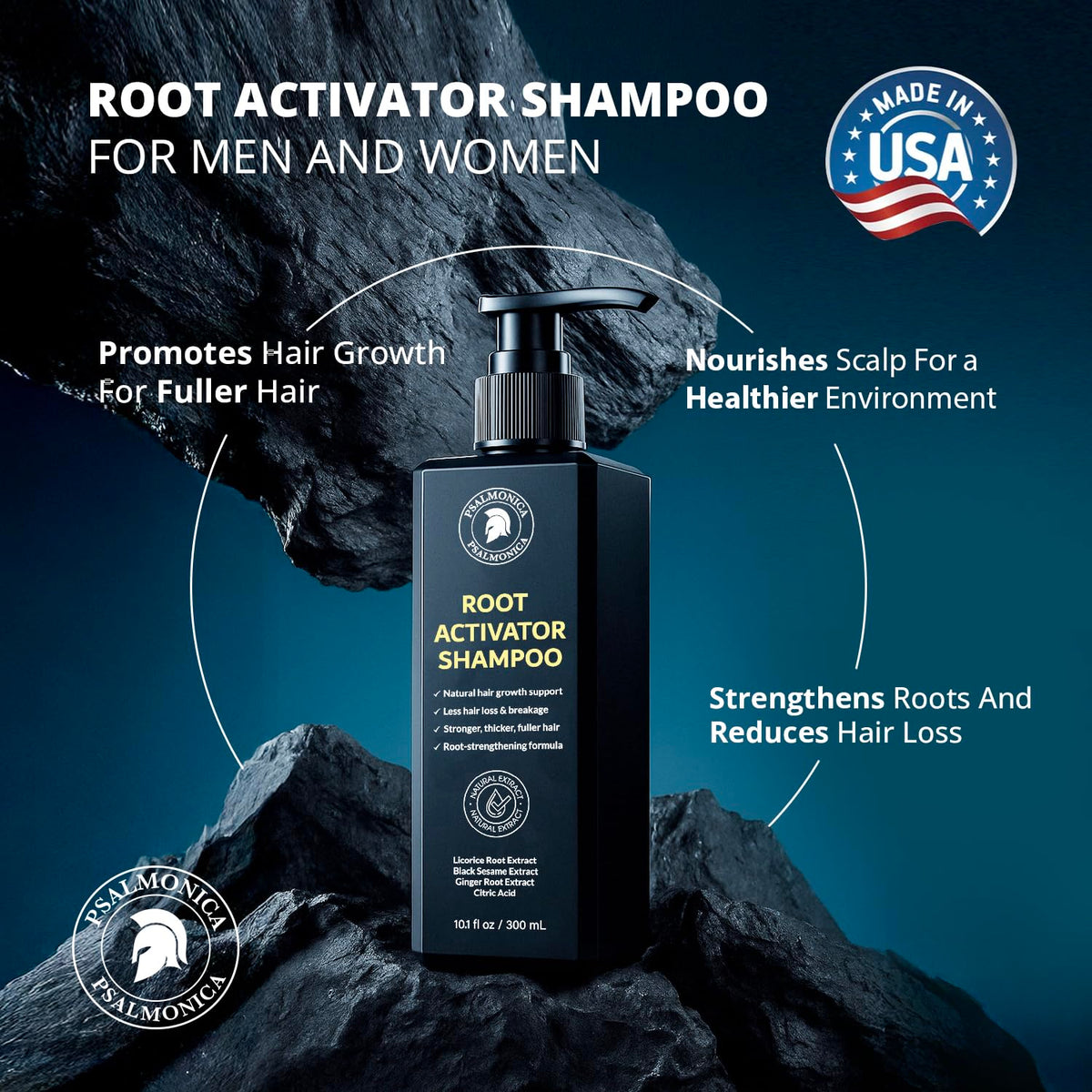 Psalmonica Spartan herbal blend scent shampoo pump bottle close up