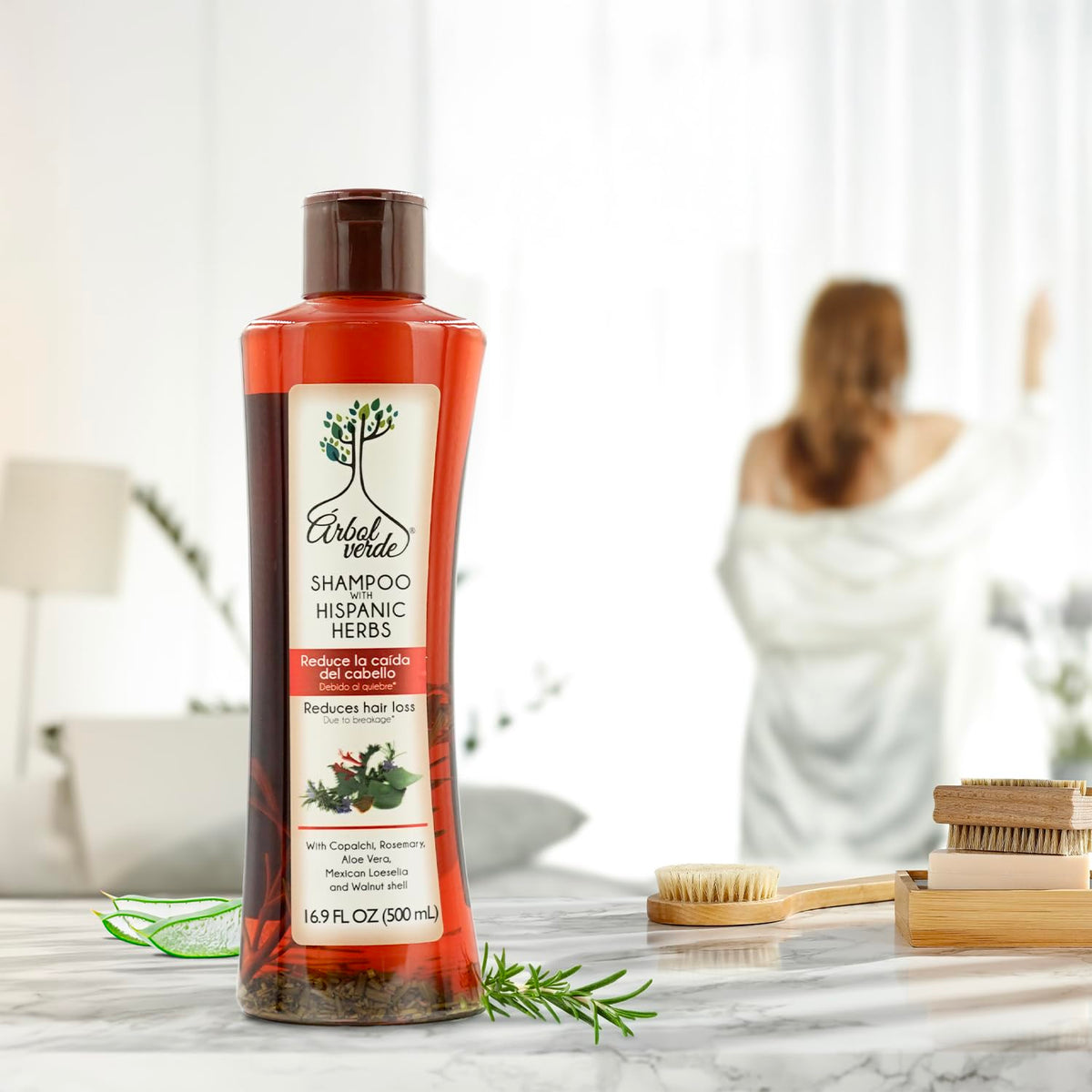 Authentic imported Arbol Verde rosemary and aloe vera shampoo bottle