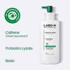 Labo-H Korean hair growth shampoo showing the vegan and sulfate-free certification labels