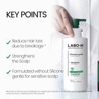 Back label of Labo-H shampoo displaying ingredients like caffeine, biotin, and rosemary oil