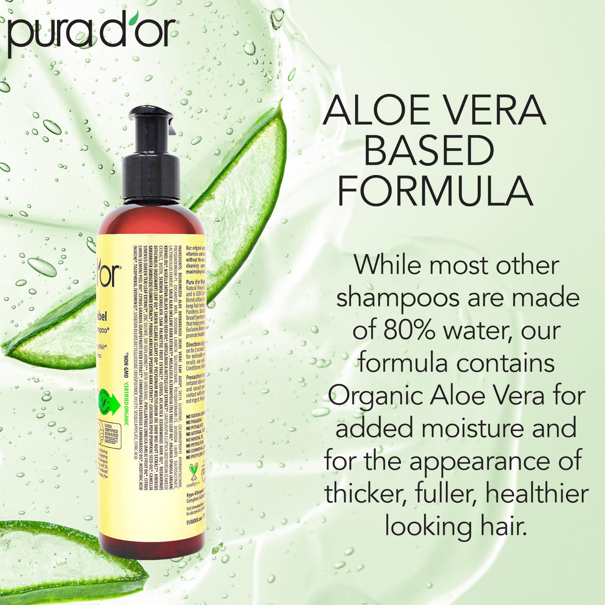 Sulfate free purple and gold labeled PURA DOR shampoo bottle packaging