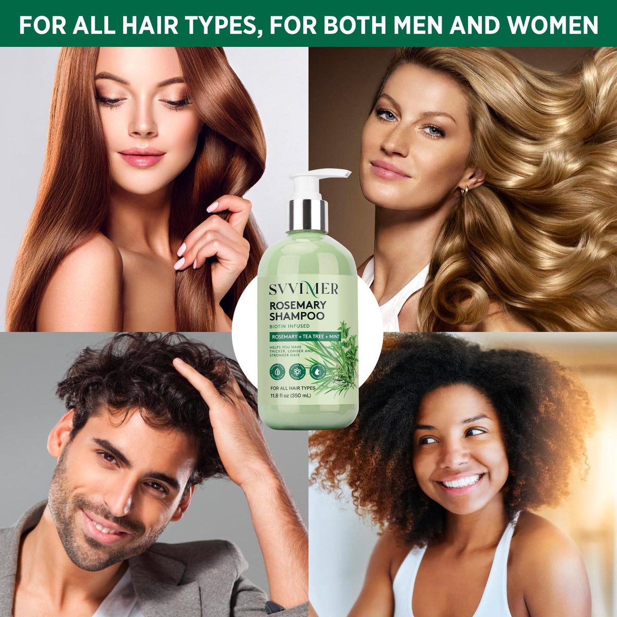 Svvimer Eleven Point Eight Fluid Ounce hair density shampoo bottle with ingredient callouts