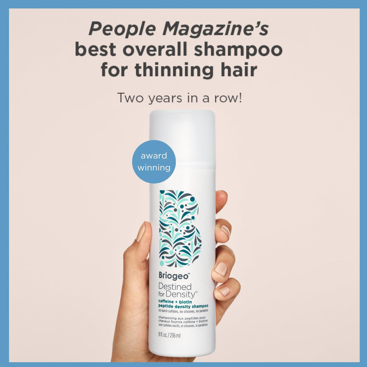 Briogeo hair density boosting shampoo bottle showing ingredient labels like caffeine and biotin