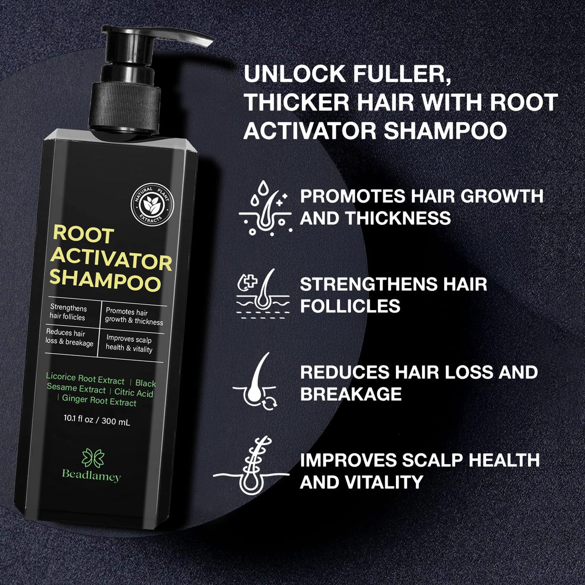 Beadlamey hair loss and thinning hair shampoo for men detailing the 300ml packaging.