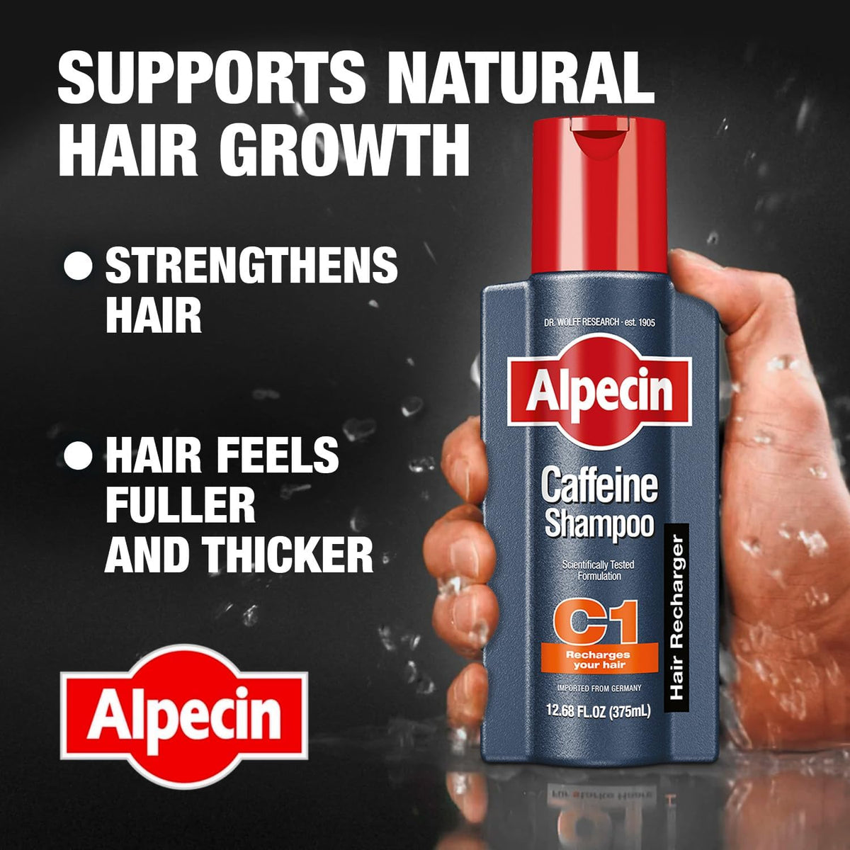 Alpecin hair performance enhancer caffeine shampoo formula close up view