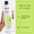 Nioxin System 2 deep cleansing shampoo bottle showcasing dermatologically tested seal for scalp health.