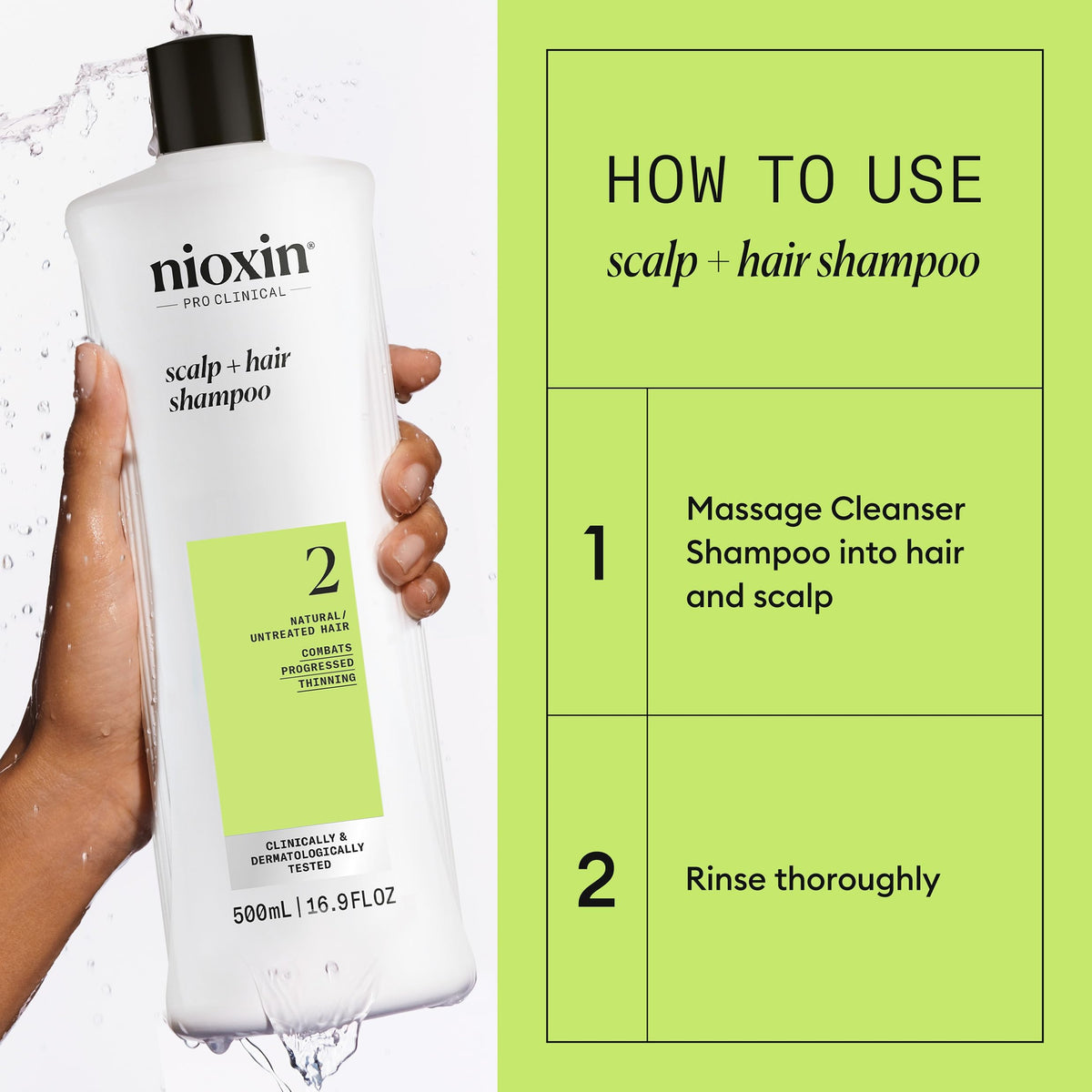 Nioxin System 2 deep cleansing shampoo bottle showcasing dermatologically tested seal for scalp health.