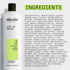 Nioxin System 2 thinning hair defense shampoo bottle with clear product branding and usage instructions.