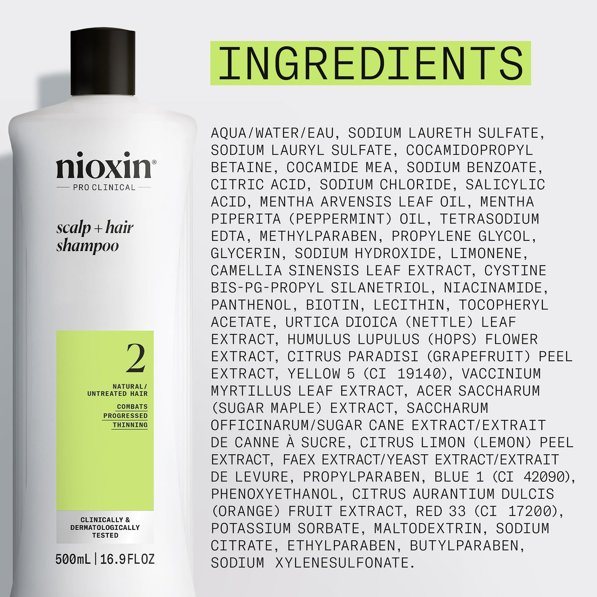Nioxin System 2 thinning hair defense shampoo bottle with clear product branding and usage instructions.