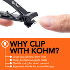 Kohm wide jaw clipper held in hand for scale
