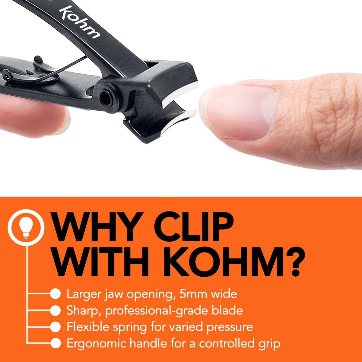 Kohm wide jaw clipper held in hand for scale