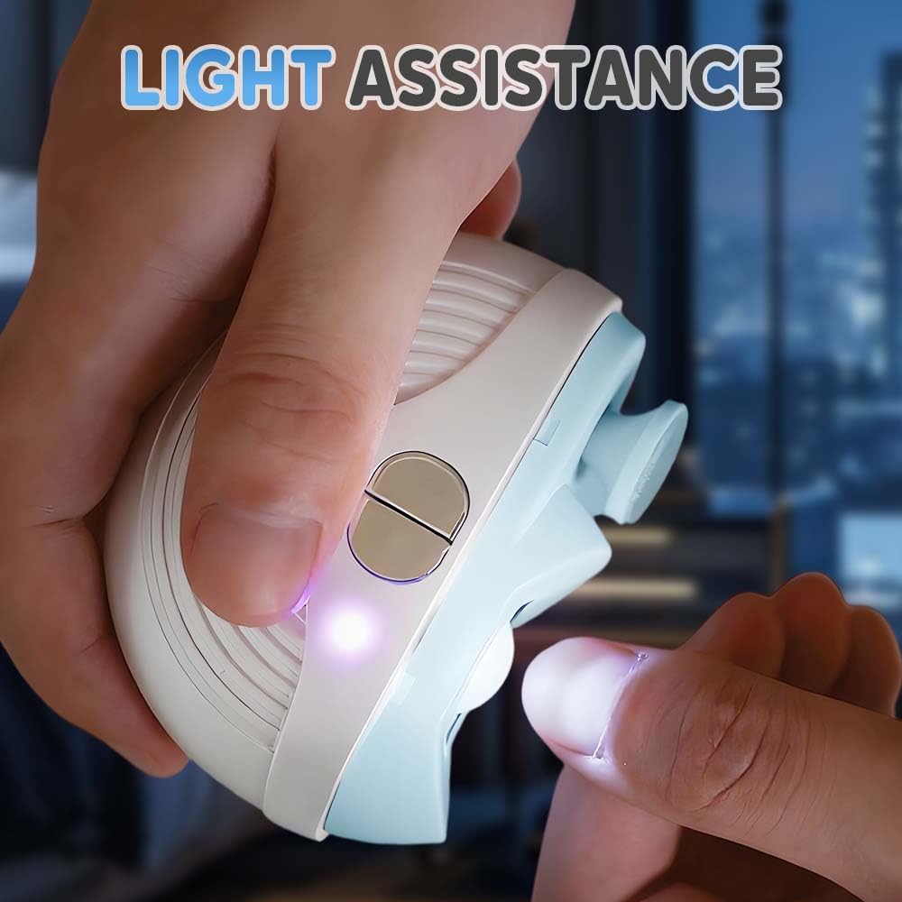 Hand holding Poouty electric nail clipper for trim demonstration