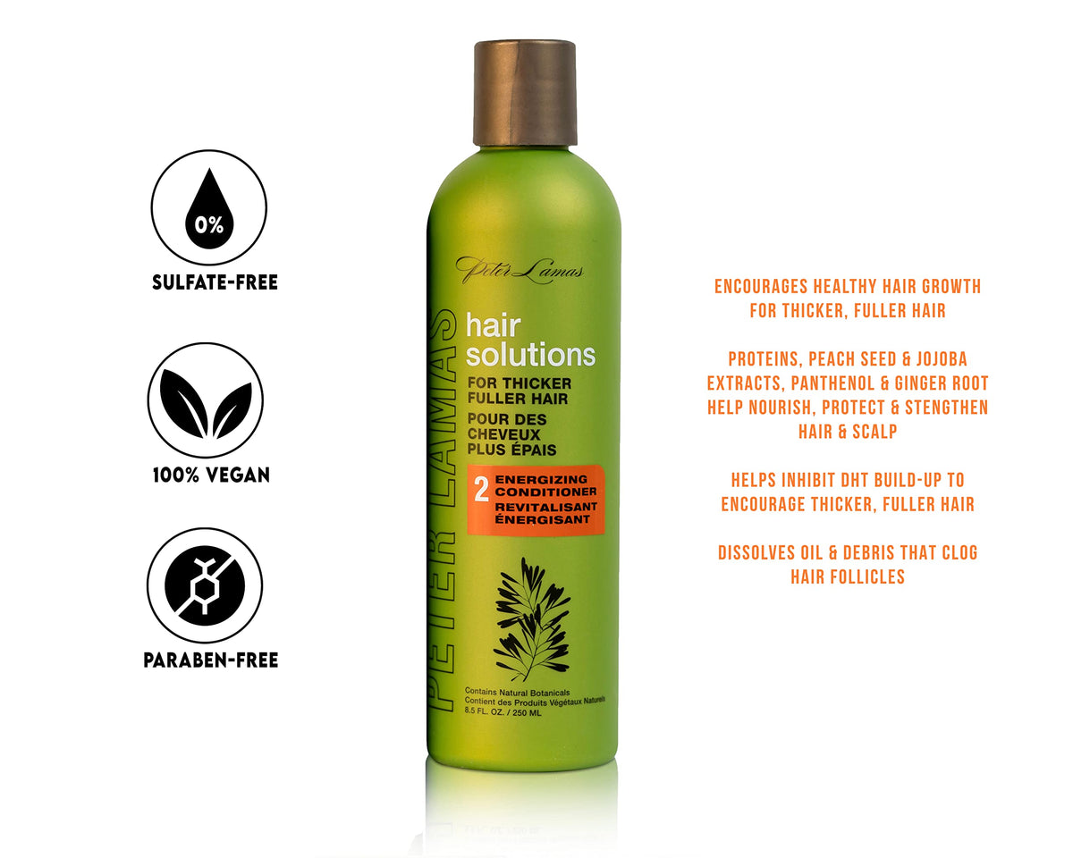Peter Lamas Hair Solutions duo bottles showcasing vegan and sulfate-free ingredients for thicker hair