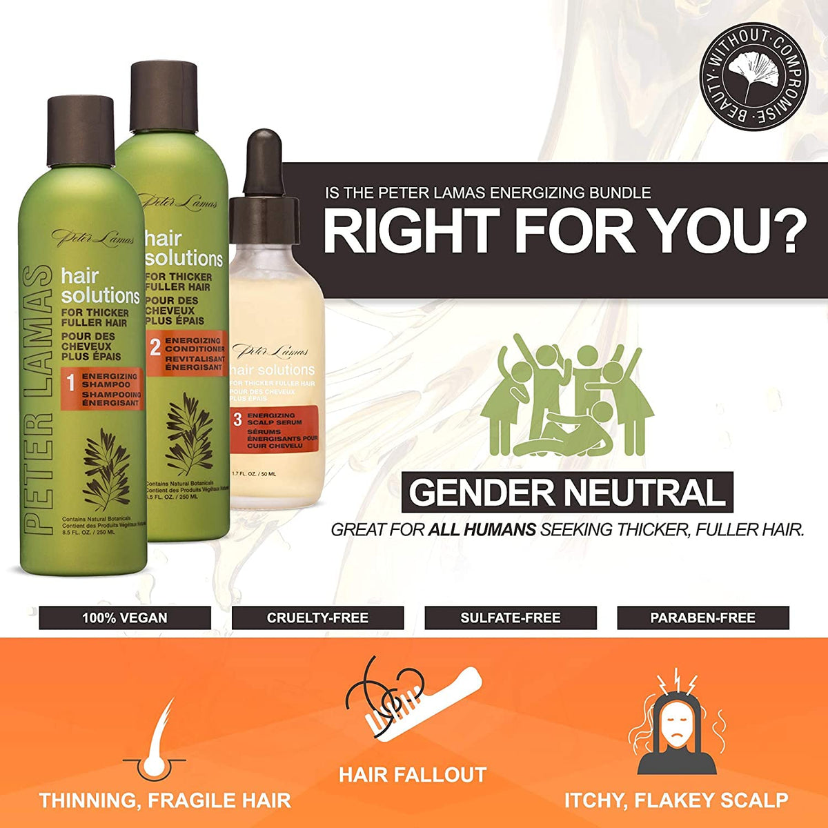 Close up view of the Peter Lamas 8.5 fluid ounce hair growth bottles showing DHT blocker details