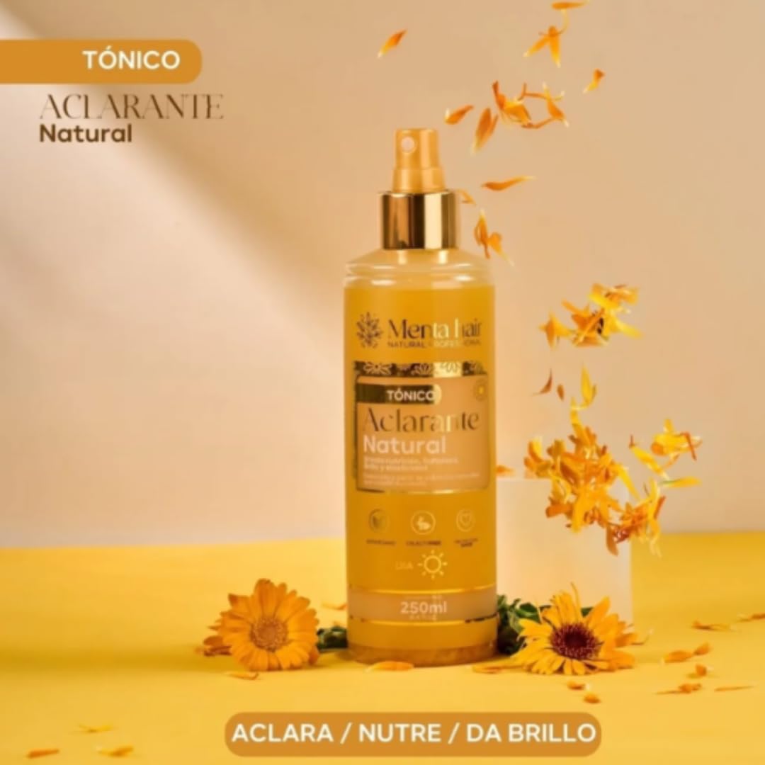 Vegan and paraben free hair brightening spray bottle showcasing natural herbal extracts for gentle highlight maintenance