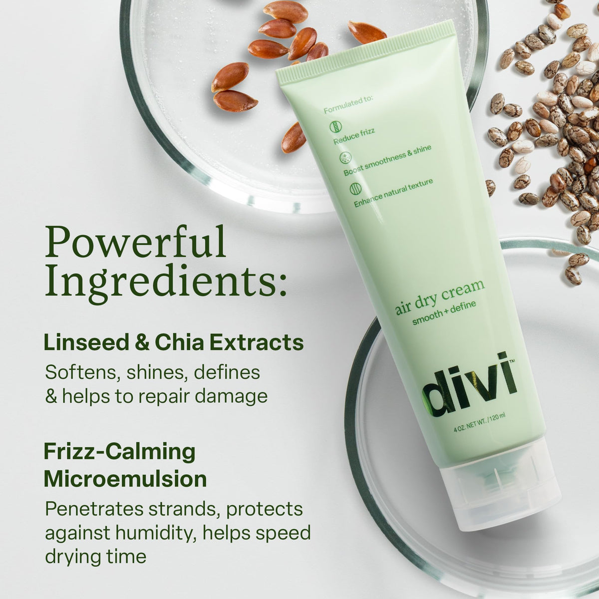 Divi Air Dry Cream tube for heatless hair styling and frizz control