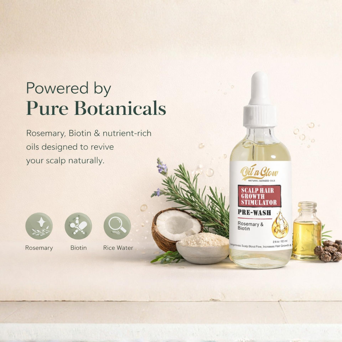 OilnGlow 9-in-1 hair growth treatment bottle alongside fresh rosemary leaves
