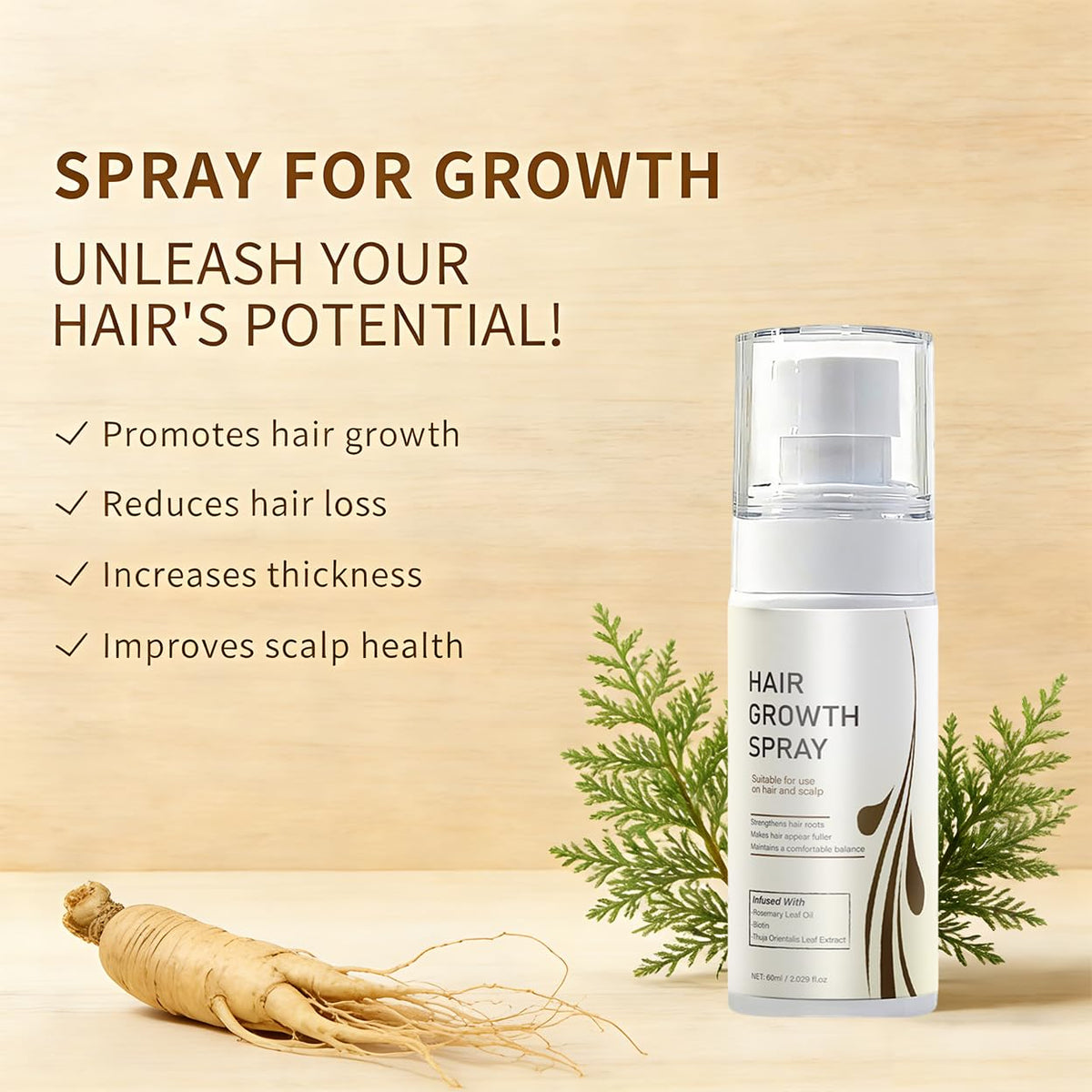 Narvokey rosemary oil and biotin scalp spray bottle highlighting key ingredients for anti-hair loss.