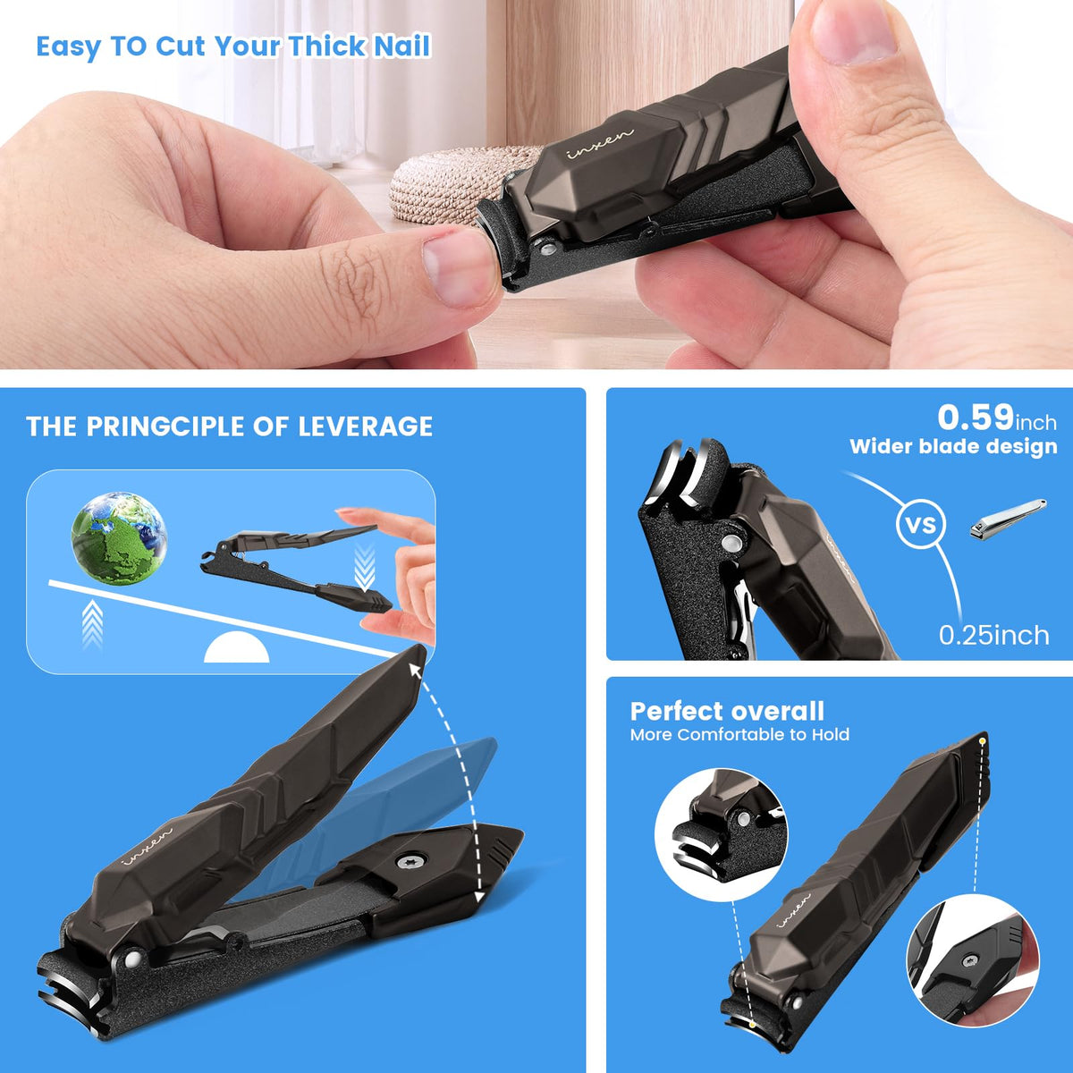 Ergonomic Inxen nail cutter held in hand