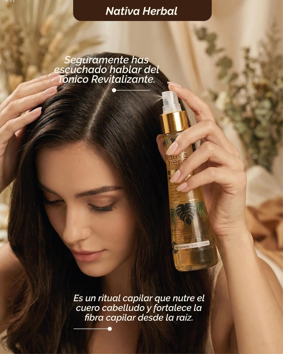 Nativa Herbal leave-in scalp treatment bottle showing natural ingredients text