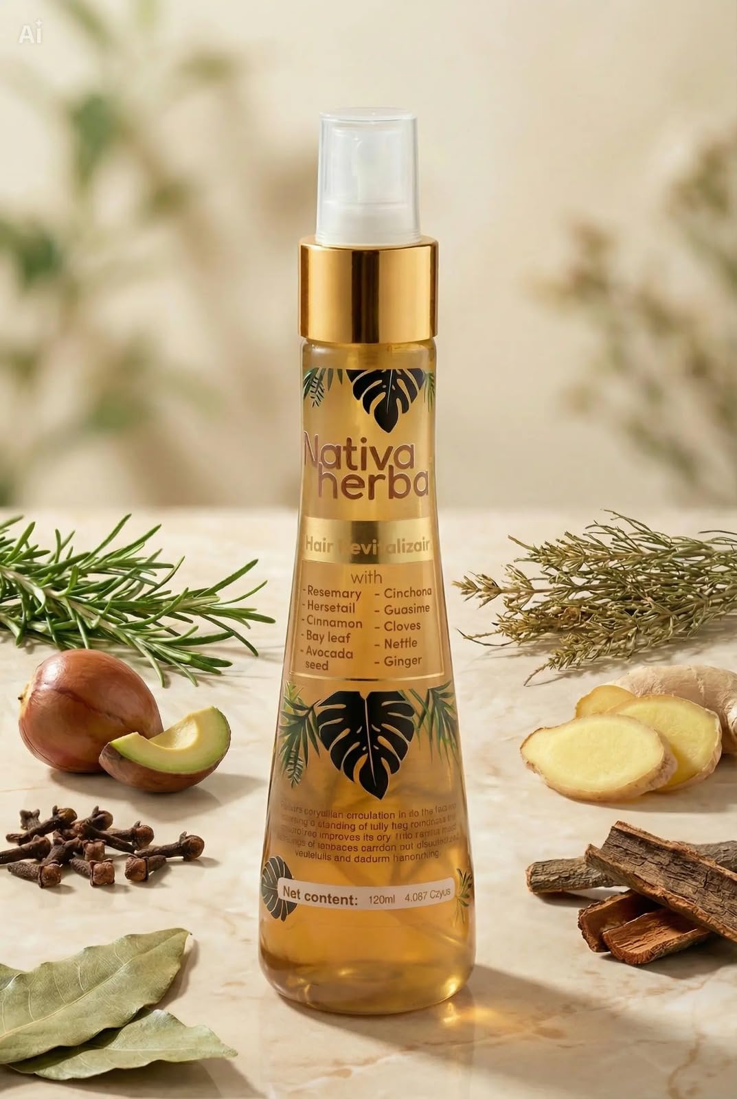 Close-up of the 120ml packaging for Nativa Herbal hair revitalizing tonic