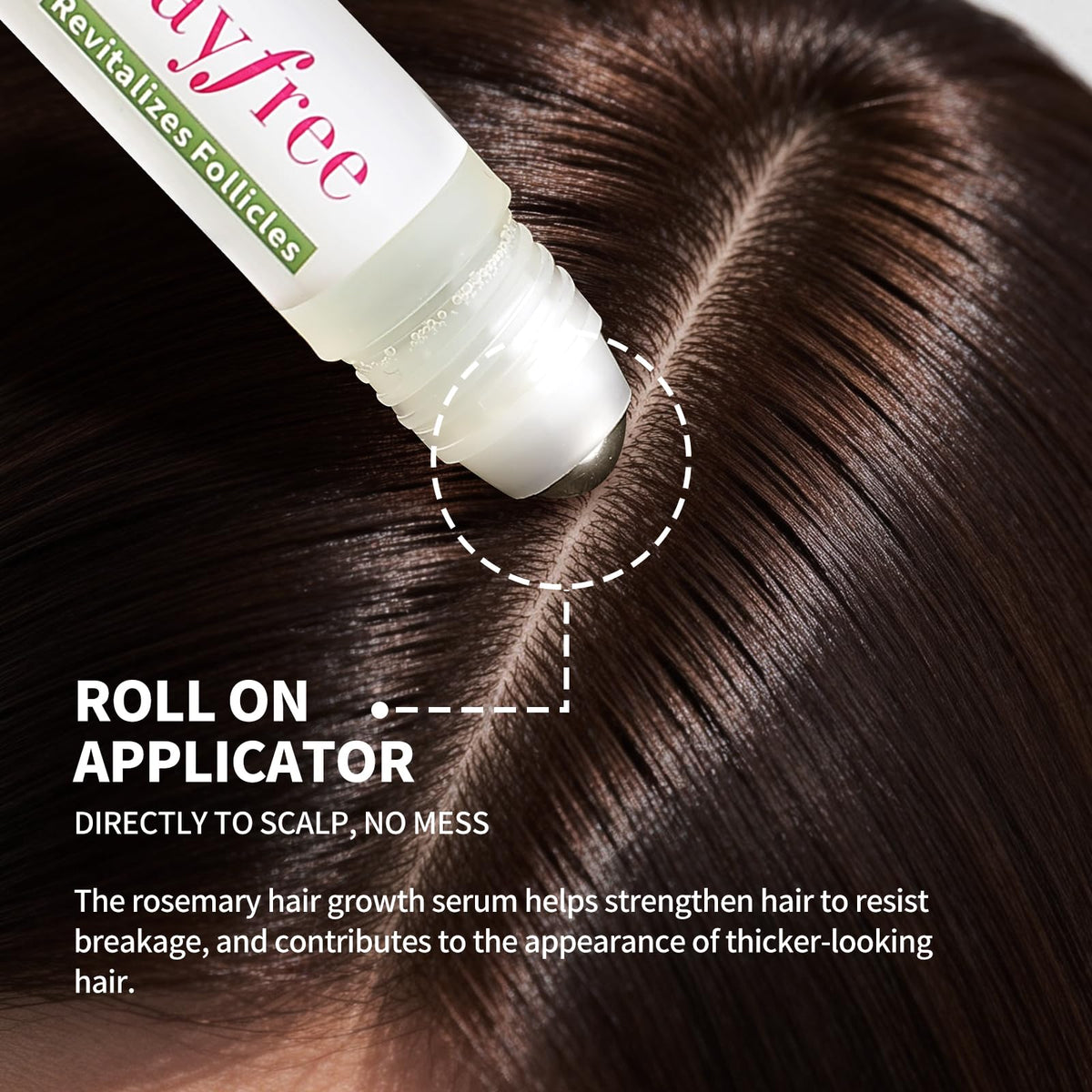 Be Bodywise 3 percent rosemary scalp serum roller applicator tip closeup.