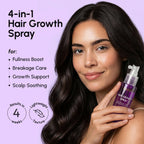 Close up of the non greasy MAREE hair mist spray bottle showing the key ingredients caffeine and rosemary oil.
