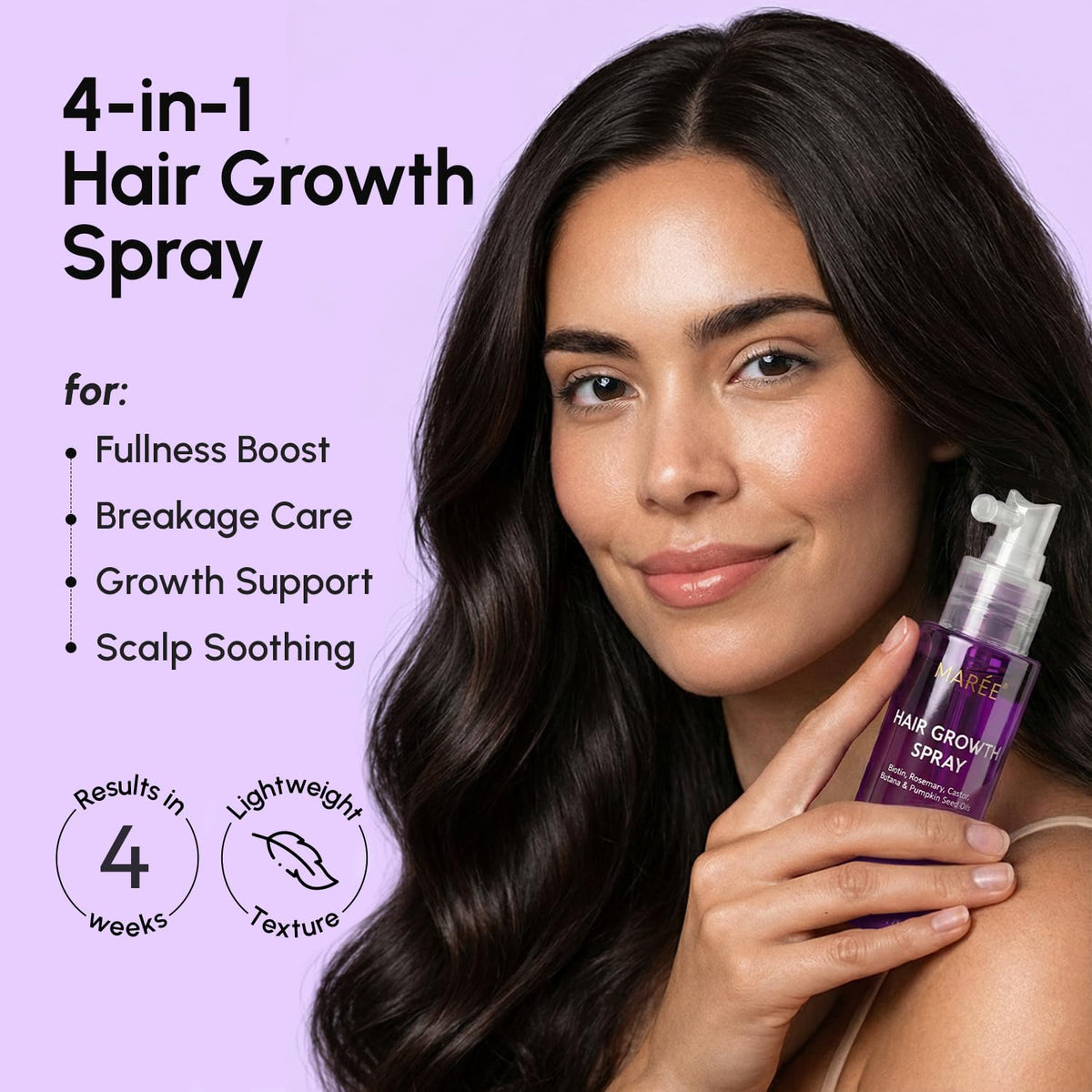 Close up of the non greasy MAREE hair mist spray bottle showing the key ingredients caffeine and rosemary oil.