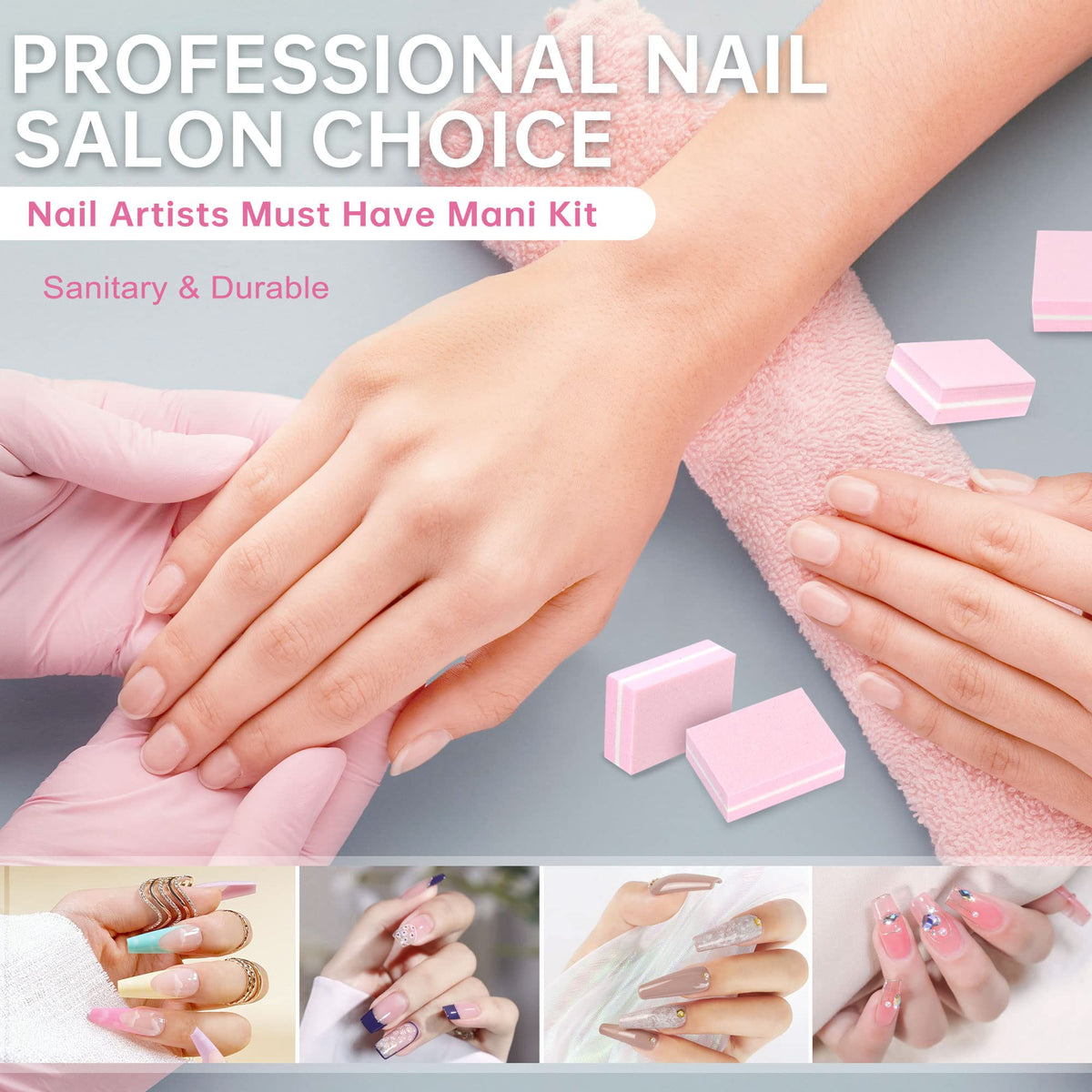 Pink sponge nail buffers arranged for retail display