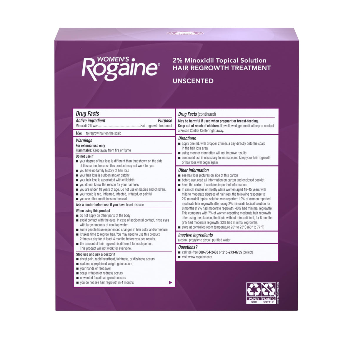 Unscented minoxidil hair thinning treatment for women three month supply packaging box detail