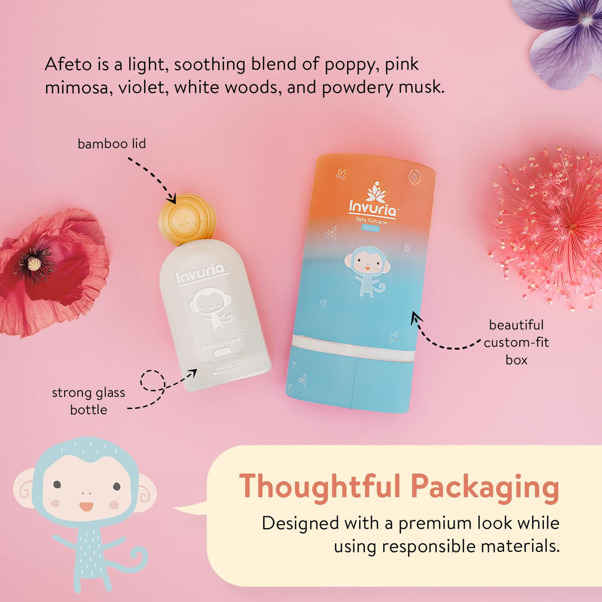 Invuria Afeto delicate cologne bottle placed on a nursery vanity table setting