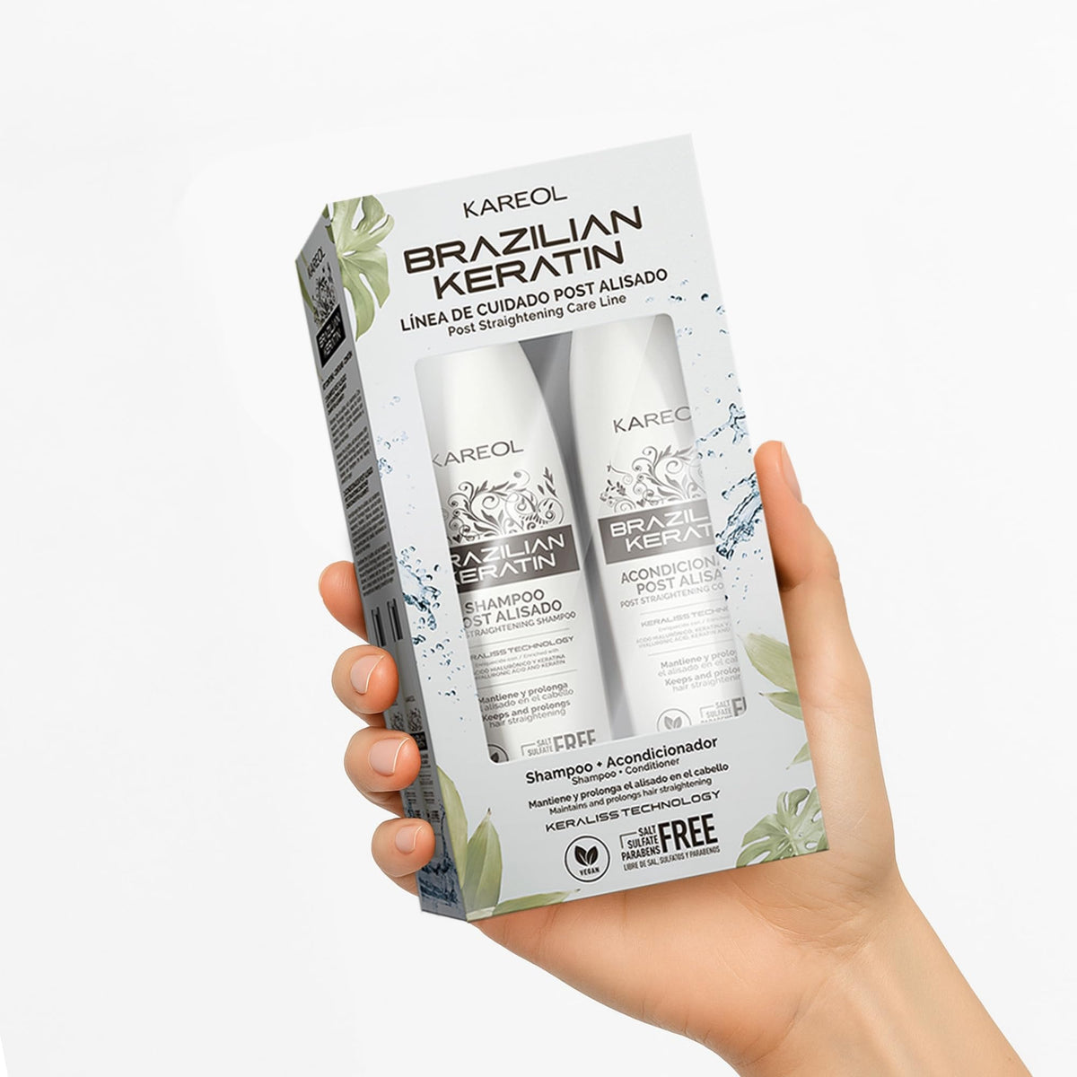 Vegan keratin shampoo and conditioner bottles for salon results