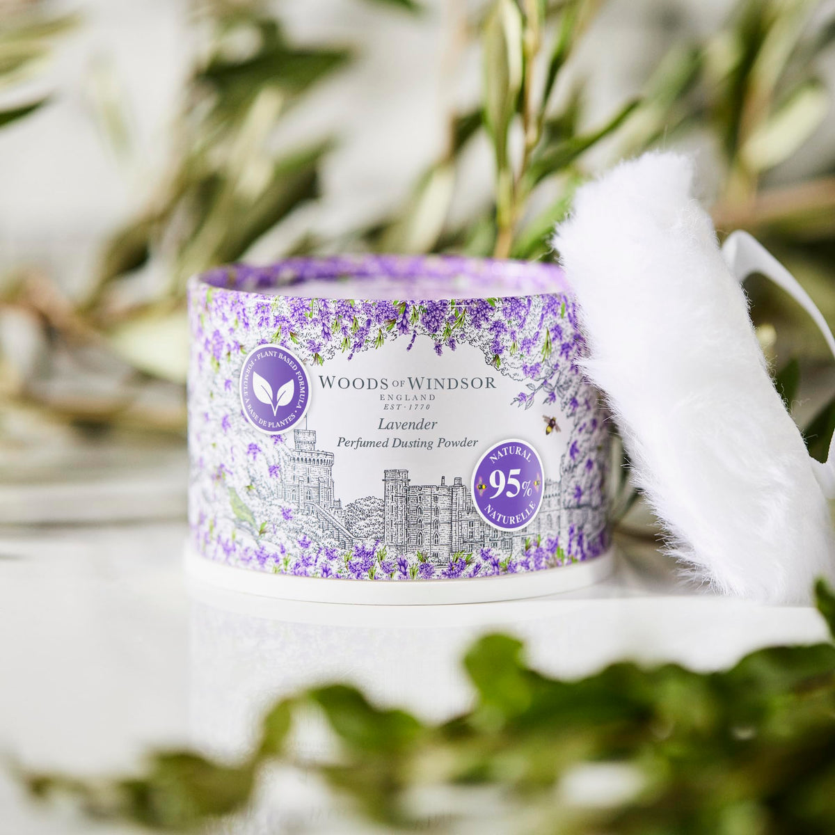 Talc-free lavender body powder for women showcasing the authentic packaging design