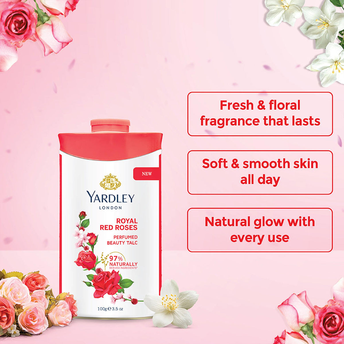 Yardley London Royal Red Roses luxury perfumed talc displayed on a clean vanity setup