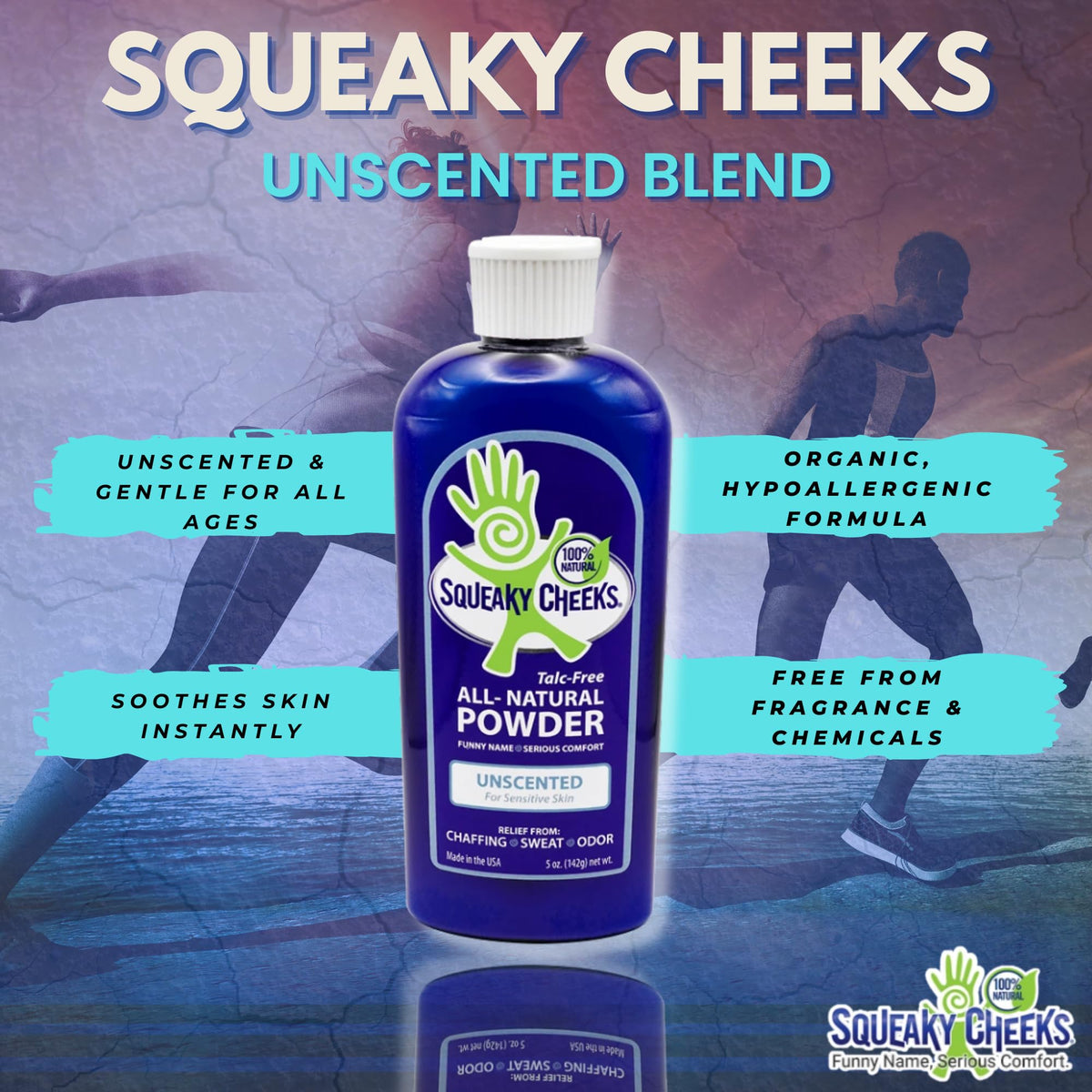 All natural unscented body and foot powder by Squeaky Cheeks