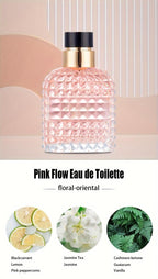 Flower Stories four piece Eau de Parfum collection showing the heart-shaped and square bottle designs.