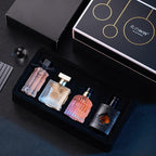 A single heart-shaped glass bottle from the four piece generic luxury fragrance collection.