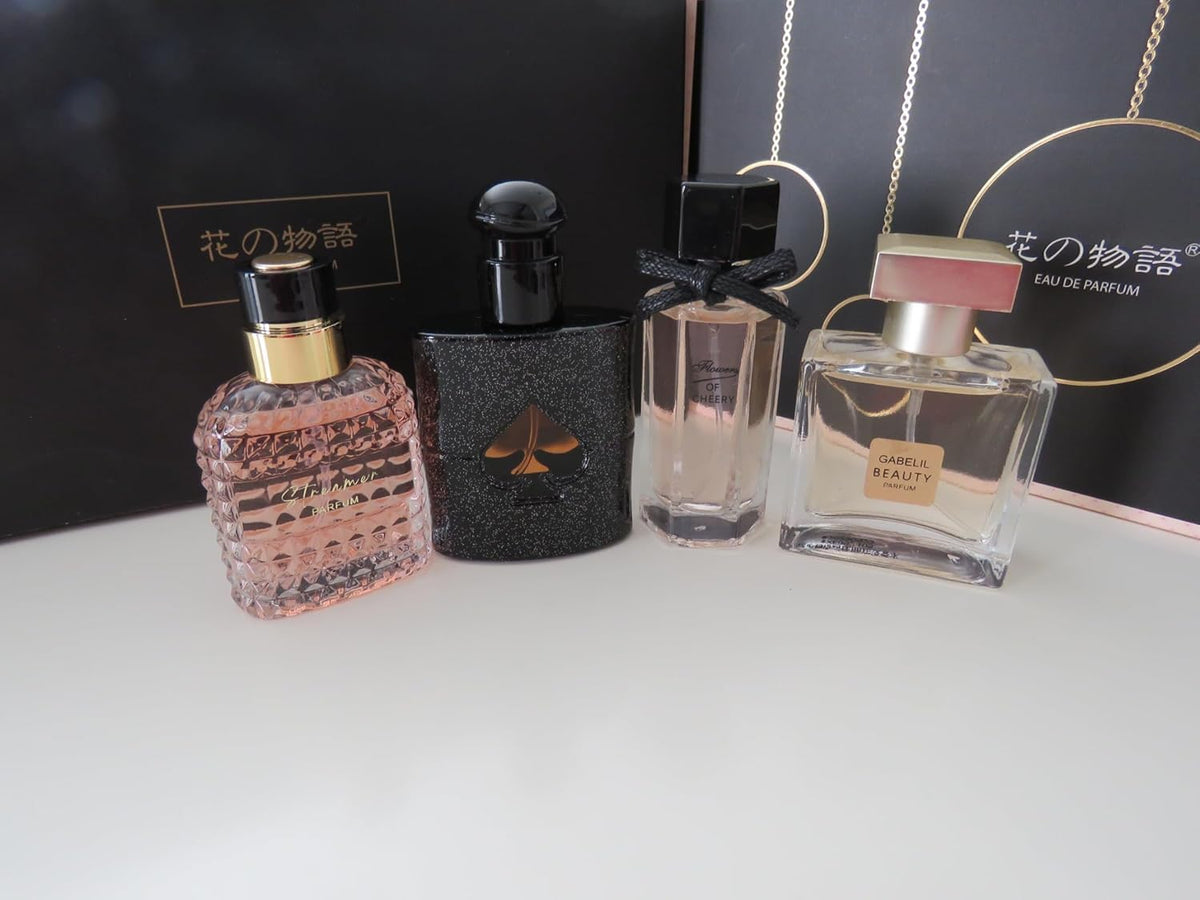 Full unboxing layout of the imported one hundred five milliliter women's beauty scent set.
