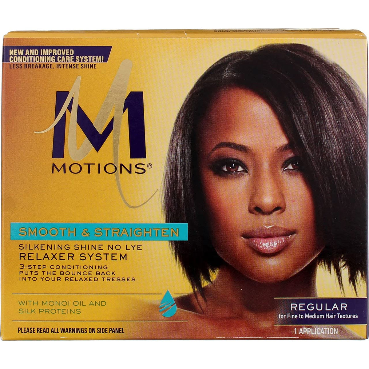 Side angle view of the authentic USA imported Motions silkening shine relaxer box.