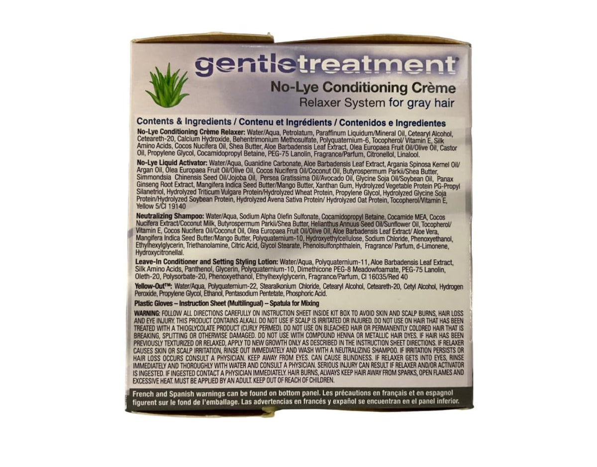 Two pack conditioning creme relaxer kit for gray hair with aloe vera gel ingredients displayed on the side panel.