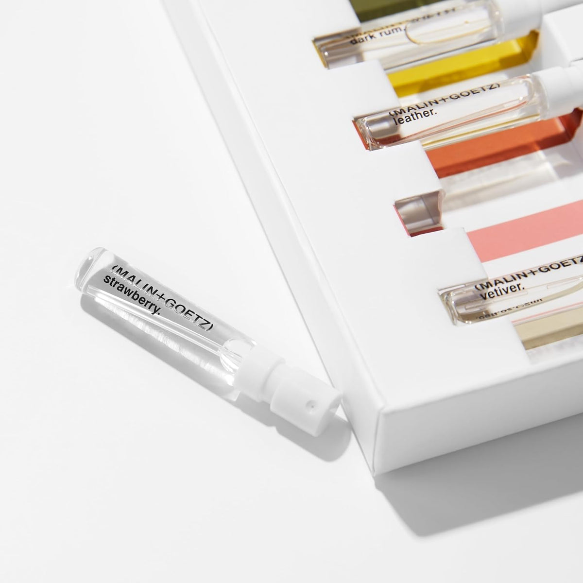 Back label view of the MALIN+GOETZ luxury fragrance discovery collection showing product information and key clean ingredients.