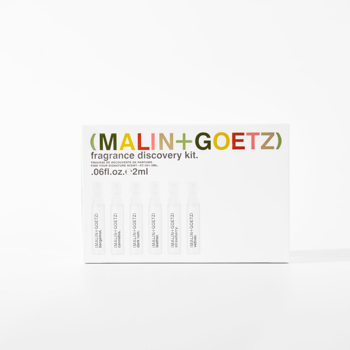 An overhead flat-lay of the authentic imported MALIN+GOETZ fragrance discovery kit showing all six signature scents.