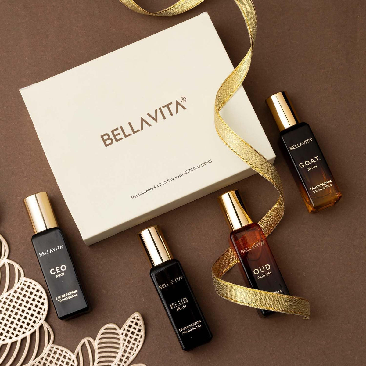 Complete set of four premium men perfumes demonstrating an elegant presentation concept