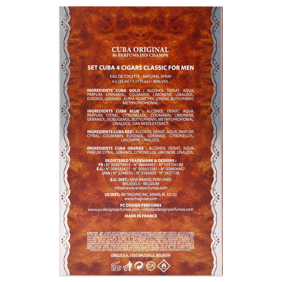 Back of the Cuba Classic Variety packaging highlighting the authentic product information, ingredients list, and fluid ounce markings.