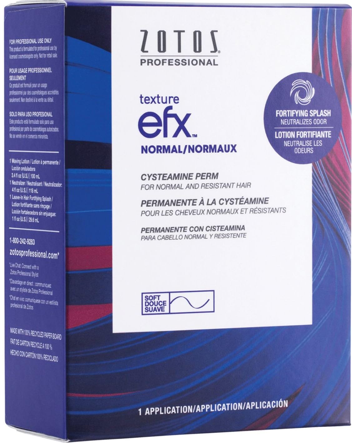 Contents of the Zotos Texture EFX Normal and Resistant perm system showing the waving lotion bottle and the fortifying splash treatment