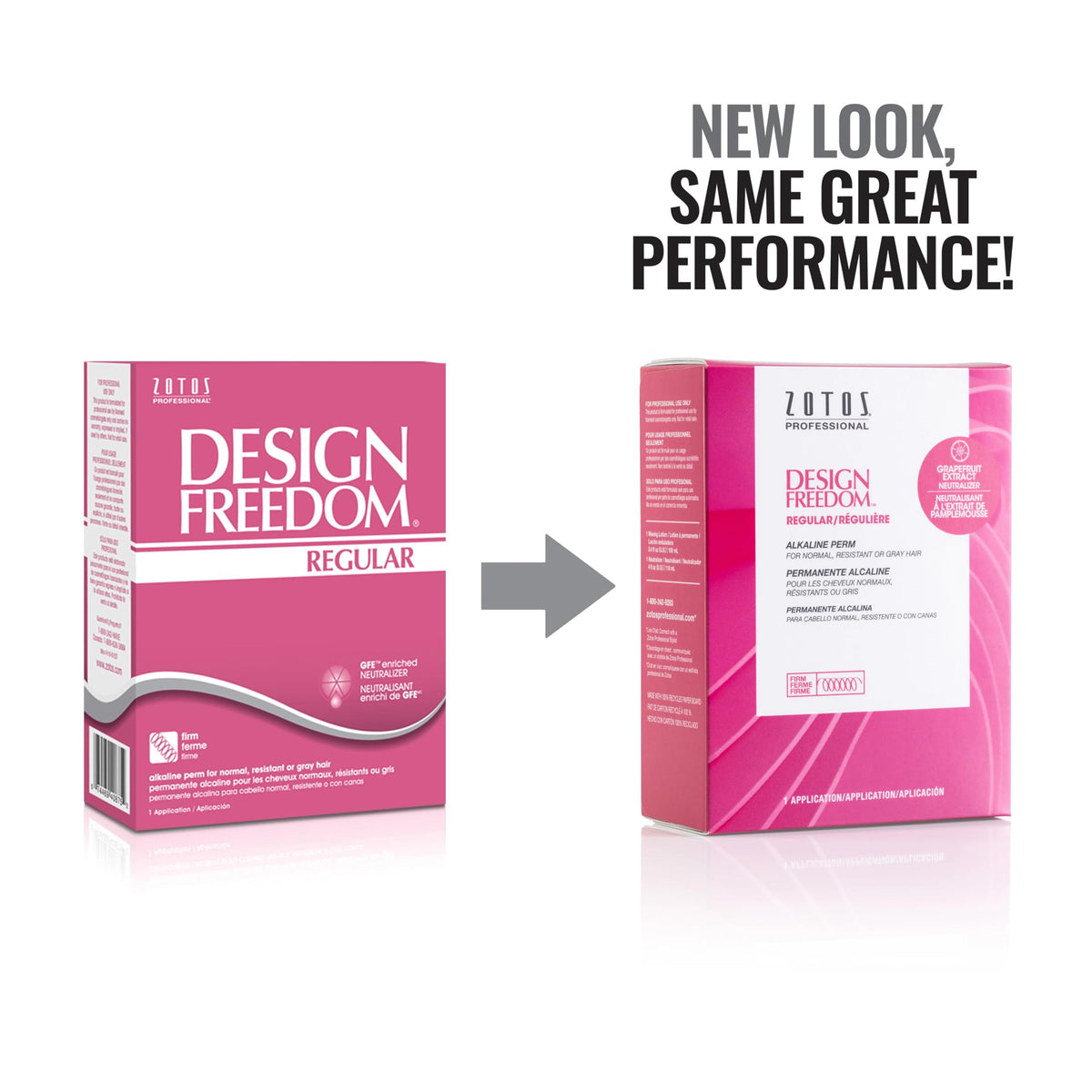 Design Freedom Regular Perm box set showcasing the waving lotion and grapefruit extract neutralizer bottles.