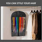 Salon grade hair extension storage system hanging inside a modern wardrobe closet.