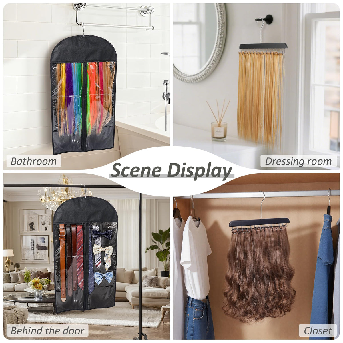 Close up view of the durable wooden hanger and adjustable hooks for hair styling.